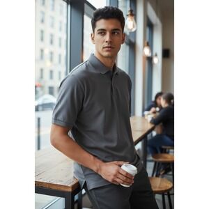 Devon & Jones Mens Charcoal Grey Pique Knit Polo Shirt Short Sleeve Size Large